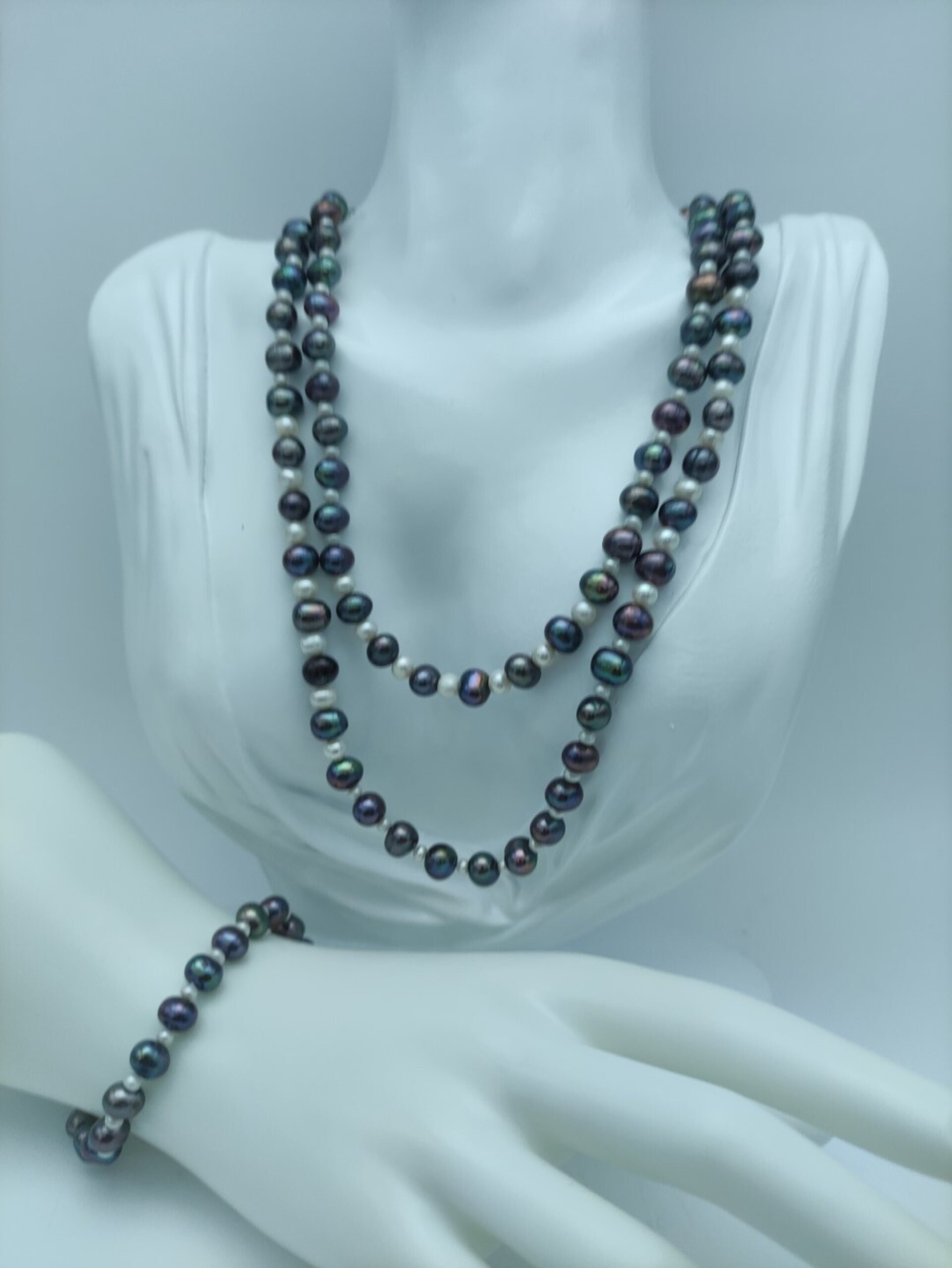 Set de Joyería de Perlas negras y plata de ley - 5